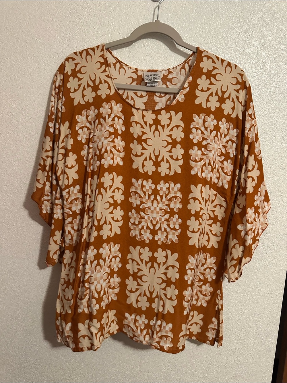 Relaxed Rust Floral-Block Short Sleeve Blouse